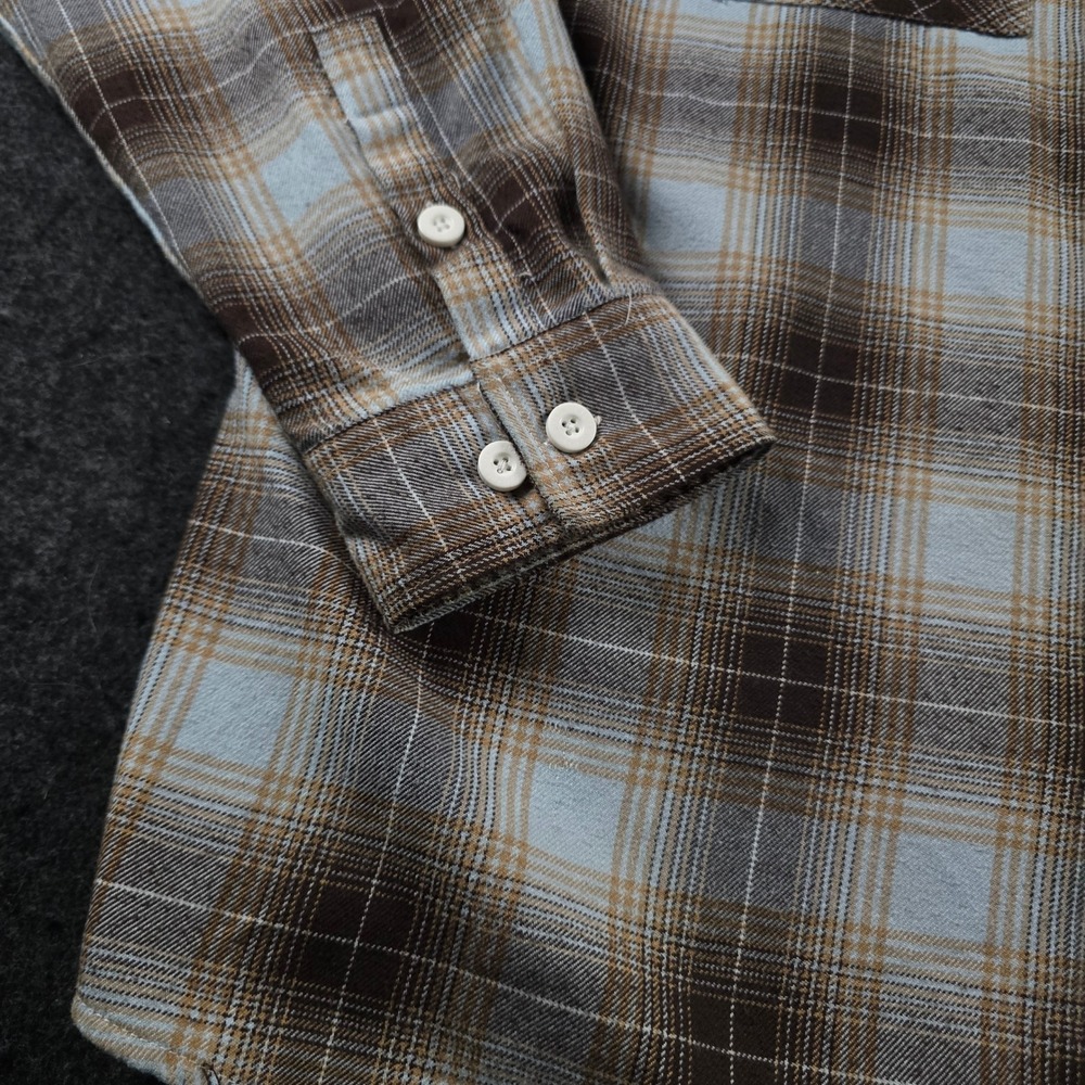 Dixxon Flannel Brown Blue Shadow Plaid Snap Button Work Shirt Grunge Men's L - Picture 12 of 14